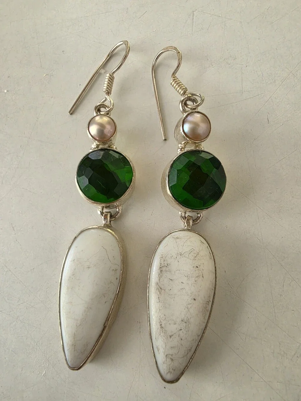 925 Silver Green Crystals, White Buffalo & Pearl Dainty Long Earrings!